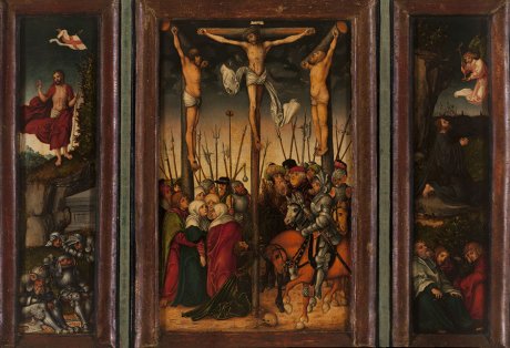 Lucas Cranach (el viejo), La crucifixión con la oración en el huerto y la resurrección, 1520