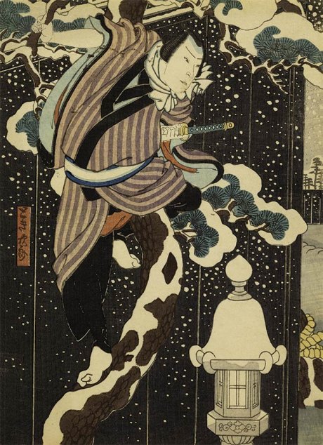 Utagawa Hirosada (circa 1810-1864), El actor Nakayama Bunshichi interpretando a Tokijirō en la obra “La nevisca del sueño del cuervo que grazna al alba" 明烏夢泡雪内とき次郎之中山文七, 1851