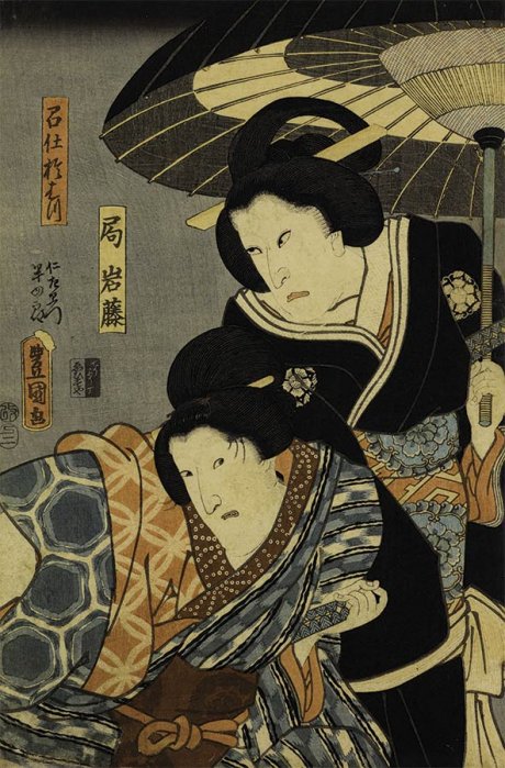 Utagawa Kunisada (Toyokuni III) (1786-1865), Los personajes Tsubone Iwafuji y Meshitsukai Ohatsu 局岩藤と召仕於はつ, 1850