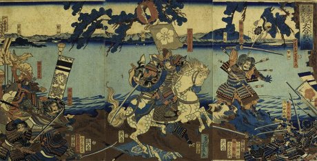 Utagawa Yoshiiku (1833-1904), Escena de la gran batalla de Ōtsu Uchinohana según las “Crónicas de la Gran Pacificación” 太平記之内大津打出浜大合戦之図 