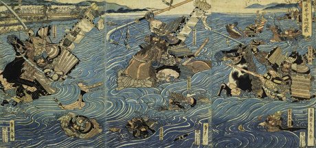 Utagawa Sadahide (1807-1873), La batalla en el río Uji entre los Minamoto y los Taira 源平宇治川合戦