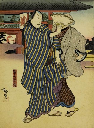 Utagawa Hirosada (circa 1810-1864), El actor Kataoka Gadō interpretando a Tamaya Shinbei en la obra “Dialecto de Edo y amor en Fukagawa” 東訛恋深川内玉屋新兵衛之片岡我童 , 1851