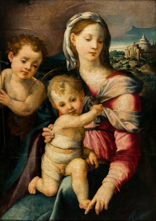 Nicolò dell’Abate (Módena 1509 – Fontainebleau Francia 1571), La Virgen y el Niño con San Juan Bautista